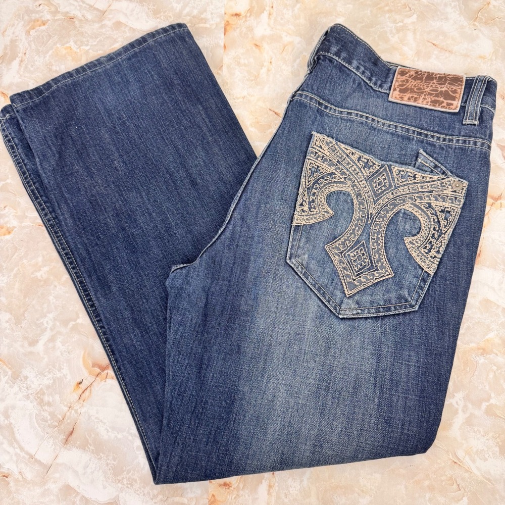 Marc Ecko Boot Fit Jeans Men 34x27 Denim Embroidered Y2K Streetwear Hem Altered